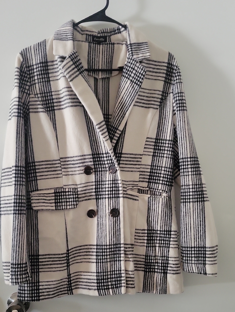 Women's Black & Cream Plaid Double-Breasted Coat